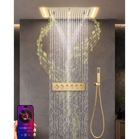 Musik Duschsystem Gold mit Thermostat Unterputz, LED 64 Farben Duschgarnitur Regendusche Ohne Armatur, Multifunktionales Duscharmatur Komplettse mit 638x338mm Duschkopf, Handbrause (1/5)