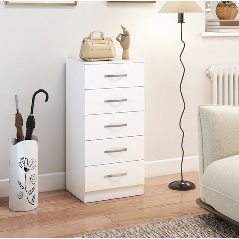 MEUBLIV Commode 5 tiroirs blanche 40x35x85 cm en bois avec protection anti-basculement (1/5)