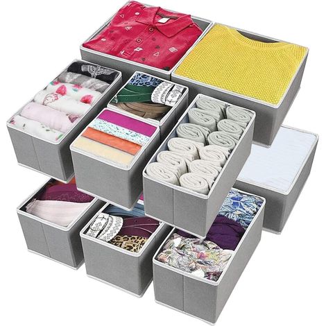 12Pcs Boîtes Organisateur Tiroir Pliable, Separateur Tiroirs Vêtements, Boîte Casier Rangement Armoire Chambre,Paniers Tissu Non-Tissé pour Chaussettes,Soutiens-Gorge,Culottes,Cravates,Écharpes (Gris) (1/5)