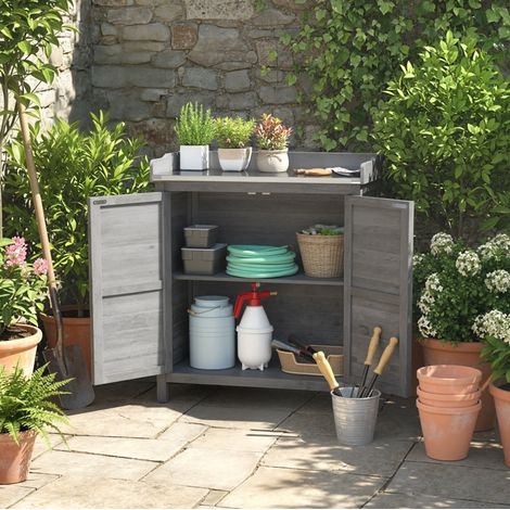 Armario de jardín con mesa de cultivo (91.5x28.5x49 cm), 2 compartimentos, puerta doble, madera y metal gris (1/5)