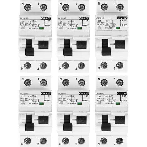 Lot de 6 Disjoncteur Différentiel Magnétothermique CILIA (RCBO) 1P+N 30mA Type AC, Courbe C, 6kA 2 Modules, 230V pour Tableau Électrique, 32A
