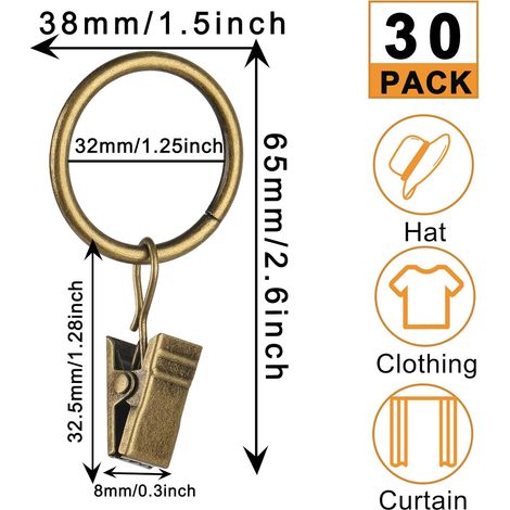 30 Pièces Anneaux de Rideau en Métal avec Pince - Robuste et Antirouille pour Tringle à Rideaux (Cuivre) (1/4)