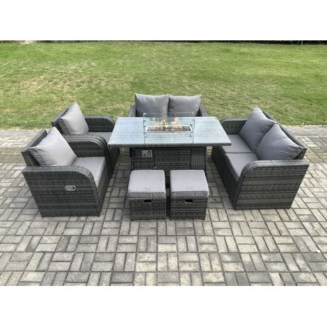 Fimous Rattan Gartenmöbel Sofa Set Gas Feuergrube Esstisch Gasheizung mit Liebe Sofa 2 Kleiner Fußhocker 8-Sitzer Dunkelgrau Gemischt (1/5)