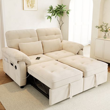 Canapé-lit 2 places 3-en-1, dossier réglable, ports USB/USB-C, beige (1/5)