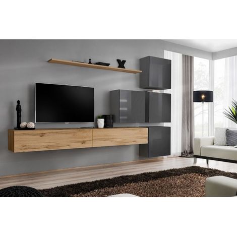 Ensemble mural - Switch IX - 4 vitrines carrées - 2 bancs TV - 1 étagère - Bois et graphite - Modèle 1 - Livraison gratuite