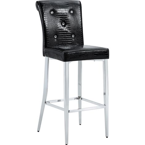 Lot de 2 tabourets de bar noirs en similicuir effet croco avec boutons en cristal, pieds en métal chromé (1/5)