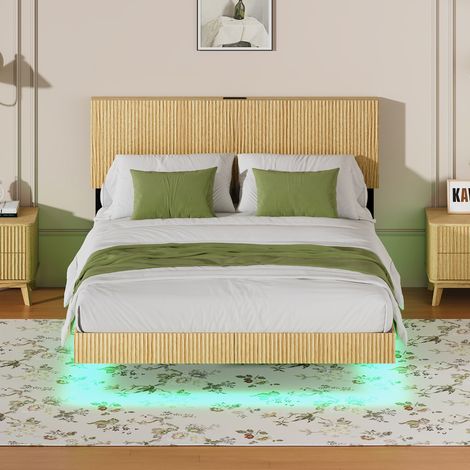Lit double adulte 140x200 cm en MDF et métal naturel, LED gain de place pour chambre FloraGrace (1/5)