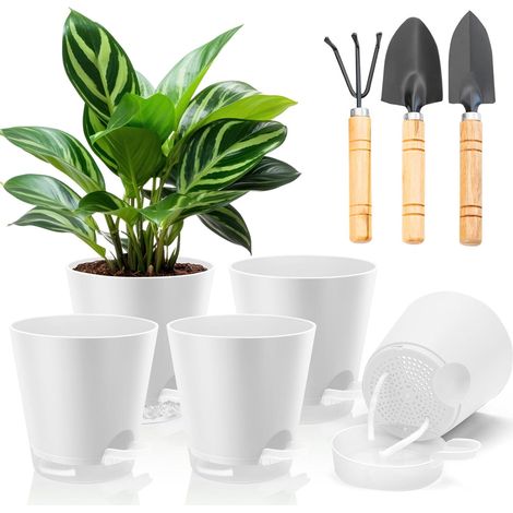 Lot de 5 Pots à arrosage Automatique 15 cm, en Plastique, avec Trous de Drainage et Soucoupe de Stockage d'eau Transparent, pour Plantes d'intérieur et de Balcon (Blanc) (1/5)