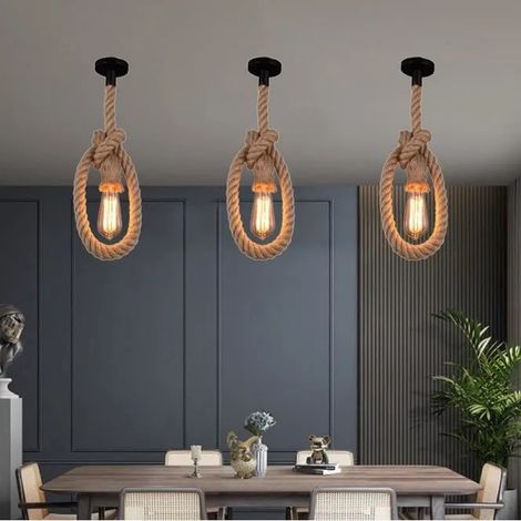 Tempas LOT DE 3 ,1M Suspension Luminaire Vintage Lustre en Corde de Chanvre Rétro Industriel (1/4)