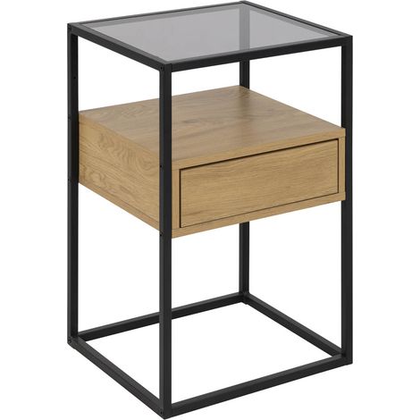 Randolf Nachttisch 1 Ablage, 1 Schublade, Glas rauchfarbenen, wild Eiche dekor.
