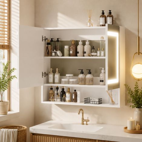 Armoire de salle de bain avec miroir 80x17x70 cm, double porte, déshumidification, LED, étagères réglables, fermeture douce, coloris blanc (1/5)