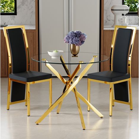 Ensemble table ronde 88 cm en verre trempé noir et or, moderne pour salle à manger FLORAGRACE (1/5)