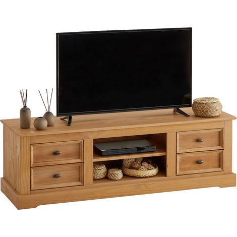 Idimex – Meuble TV en pin massif finition cirée – 4 tiroirs et 2 niches avec passe câble – Dimensions 46 x 144 x 45 cm – Couleur antique