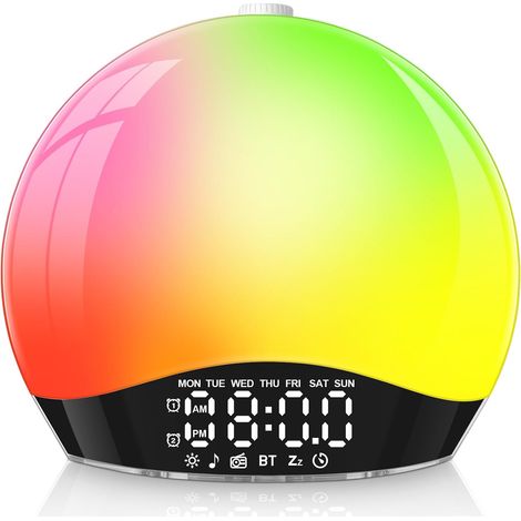 Eveil Lumière avec Enceinte Bluetooth,Lampe Reveil Lumineux Simulateur d'Aube,Lampe de Chevet LED,17 Couleurs Veilleuse,20 Niveaux de Luminosité, 22 Sons, Double Alarme, Snooze,Mode Week-End (1/5)