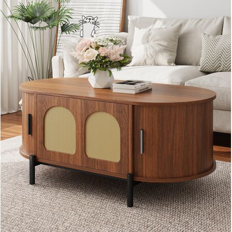 Mesa de centro ovalada con almacenaje, puertas correderas, MDF y rattan, color nogal HAVRYA (1/5)