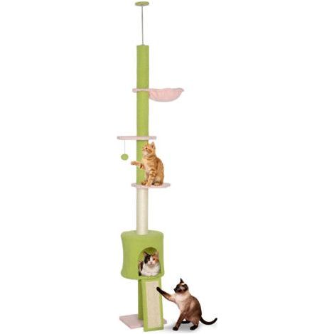 Arbre à chat du sol au plafond 5 niveaux hauteur réglable 220-240 cm plateformes fleur avec griffoir niche hamac vert (1/5)