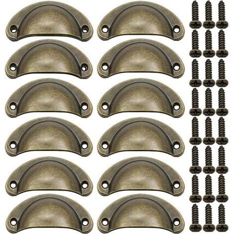 12 Poignees Bronze Coquille Retro 82mm Tiroir Vintage avec Vis (1/5)