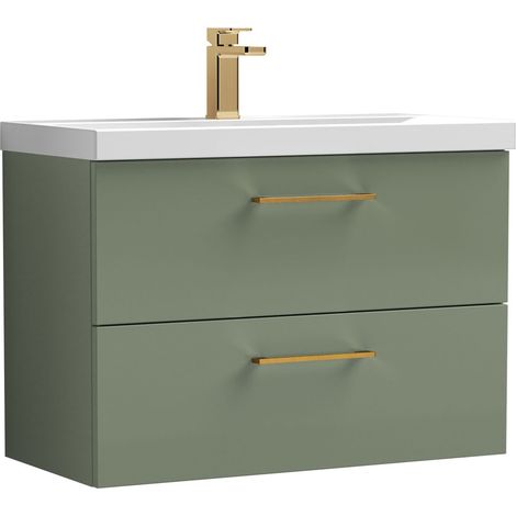 Balterley 800mm Wall Hung Bathroom 2 Drawer Vanity Unit and 1 Tap Hole Ceramic Basin, Satin Green with Brushed Bronze Handles
