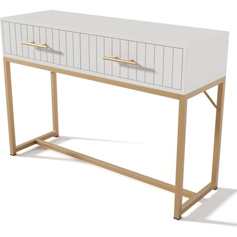 ELVMI Schminktisch mit 2 Schubladen und Verstellbaren Füßen, Goldfarbenen Griffen, für Schlafzimmer, 100 x 45 x 75 cm, Weiß (1/5)