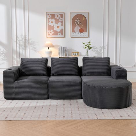 Sofá 265x176x60 cm gris oscuro en poliéster tapizado con 3 cojines y 2 portavasos (1/5)