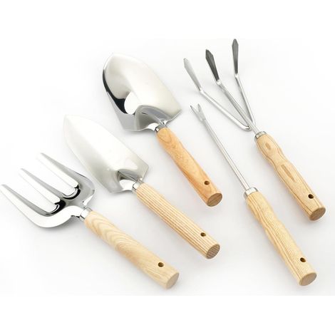 Set di attrezzi da giardinaggio di alta qualità e resistenti, composto da 5 pezzi: pala, rastrello, cazzuola, cazzuola grande e coltivatore a 5 griffe, realizzati in acciaio inossidabile con manici in (1/5)