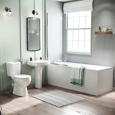 Seattle Close Coupled Toilet, Pedestal Basin, Round Bath, Bath Panel & Shower Screen Suite White (1/5)