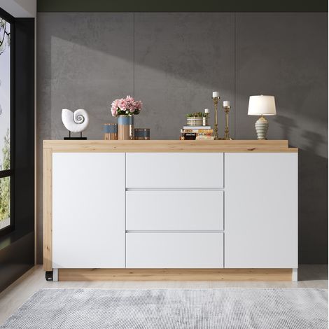 MEUBLIV Bureau pliable rotatif 120x50x76,5 cm blanc et chêne avec rangement et roulettes (1/5)