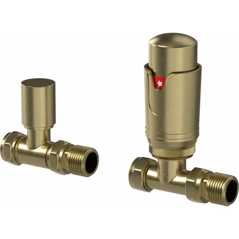 Galiflo Straight Thermostatic Radiator Valve & Lockshield – Brushed Brass, 15mm TRV