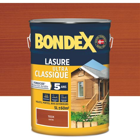 Bondex – Lasure extérieure fongicide 5 ans pour teck 5 L – Aspect satiné – Résines acryliques pour durabilité – Ne cloque pas ni ne s'écaille