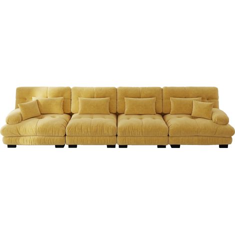 CAIziCanapé d’angle modulaire 4 places à assise profonde, canapé-lit en chenille confortablement rembourré pour salon, appartement, studio et bureau, jaune (1/5)