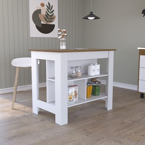 Tuhome Concept – Îlot de cuisine Cala – Desserte avec 3 étagères – Dimensions 90cm H x 103cm L x 70cm P – Bois mélaminé blanc et caramel
