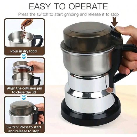 Moulin électrique en acier inoxydable, moulin domestique pour céréales multiples, mouture sèche, broyage amélioré avec 8 lames, démarrage par un bouton, poudre fine pour céréales, café (1/4)