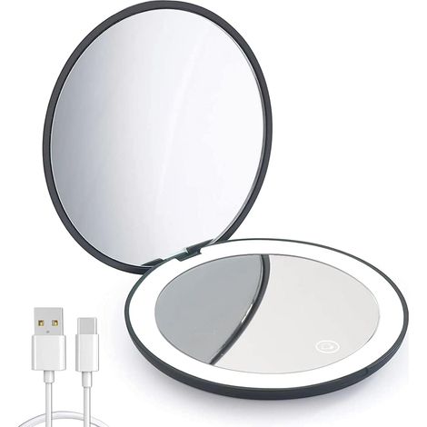 Miroir compact LED rechargeable, grossissement 1x/10x, petit miroir de maquillage de voyage à luminosité réglable, miroir de poche pour sac à main, miroir double face portable, cadeau pour filles, cya (1/5)