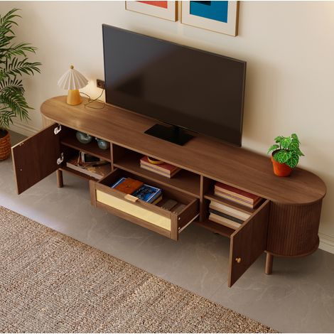 Meuble TV 175x36x51 cm marron noyer en MDF avec rangements, portes doubles et étagère ouverte (1/5)