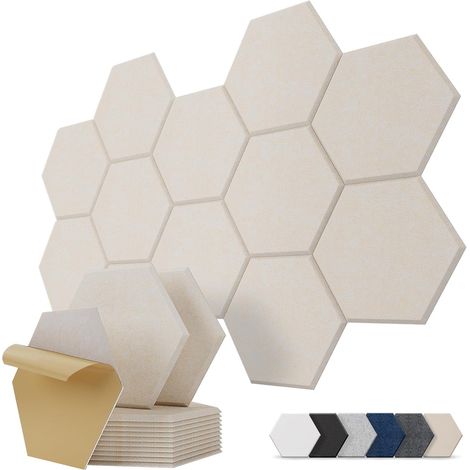 panneau acoustique mural hexagonal autocollant, lot de 12, panneaux acoustiques décoratifs à absorption sonore pour mur, plafond et porte, salon, home, chambre, 30 x 26 x 0,9 cm, beige (1/5)