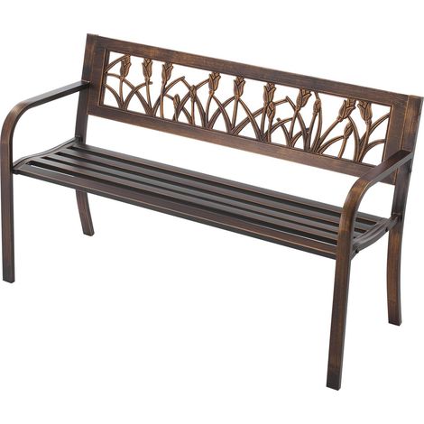 Banc extérieur 127 cm, structure en acier au carbone, dossier PVC motif floral et accoudoirs arrondis, banc résistant aux intempéries pour terrasse, jardin, parc, cour, porche, bronze antique (1/5)