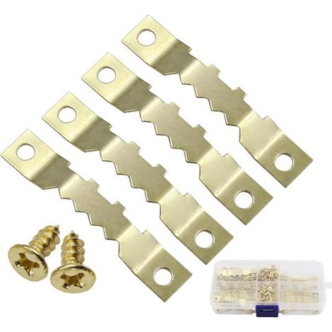 Crochets de suspension - 100 pièces - Kit de suspension photo - Crochets en dents de scie - Fer - Doré - 44 x 8 mm - Avec vis - Pour cadre/photo/toile/peinture/horloge (1/5)