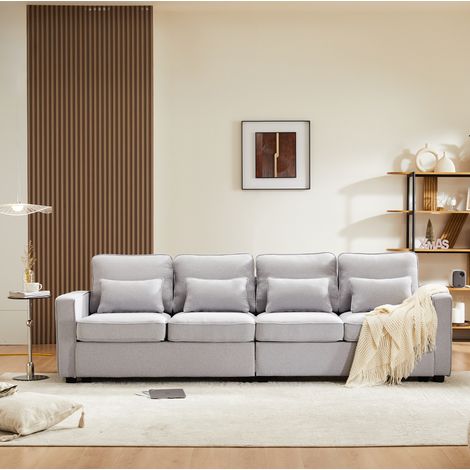 Divano 4 posti 264x83x87 cm grigio in lino con 4 cuscini lombari e tasche portaoggetti (1/5)
