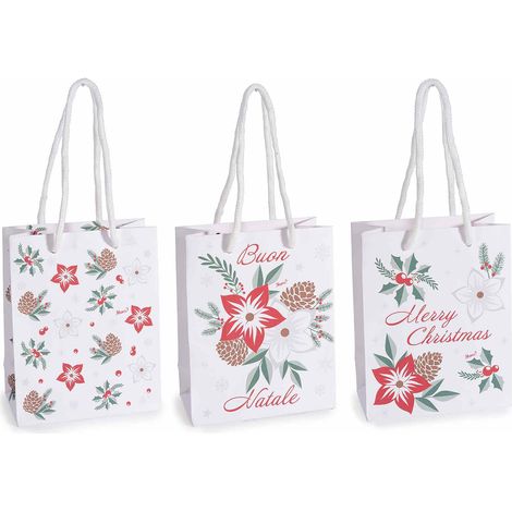Sacchetti / buste di dimensione piccola in carta natalizia con manico e con stampa stella di Natale e scritte, set da 60 pezzi, cm 11,5 x 6 x 14,5 H