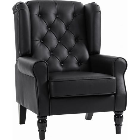 Fauteuil de salon capitonné AoSenYunZhou en simili cuir PU avec assise large et accoudoirs pieds en bois rétro noir (1/5)