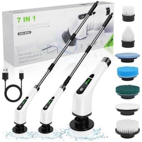 Electrique Nettoyage Rotative, Brosse de Electrique, sans Fil avec 7 Têtes Brosse, Remplaçables Poignée d'extension Réglable, pour Salle Bain Cuisine Electric Spin Scrubber Style A- - (1/5)