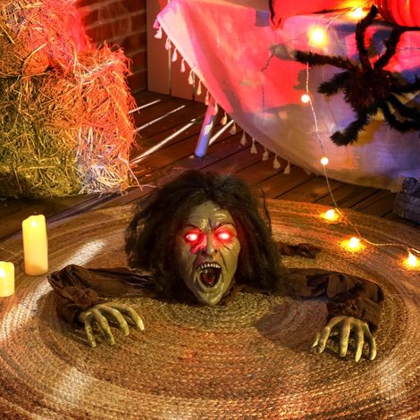 Zombie Strisciante di Halloween con Attivazione Sonora, Occhi Rossi Luminosi e Musica, Marrone, 140 x 60 x 20 cm