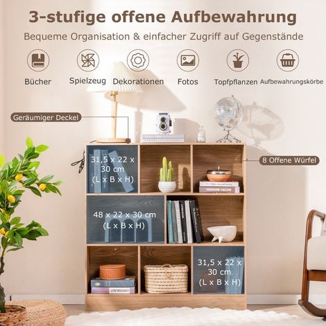 Libreria con 8 scomparti, scaffale in piedi con 3 livelli, scaffale a cubo, scaffale da ufficio, scaffale portaoggetti, 100 x 24 x 104 cm, naturale