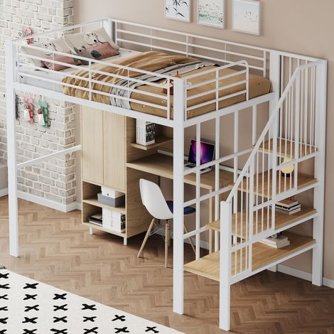 Lit mezzanine moderne 140x200 cm en metal et bois blanc, avec escalier integre et grand espace de rangement (1/5)