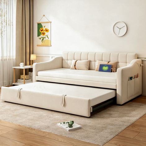 Divano letto estraibile 90x190 estensibile a 180 cm con porte USB e tasca, velluto beige DESVIAE (1/5)