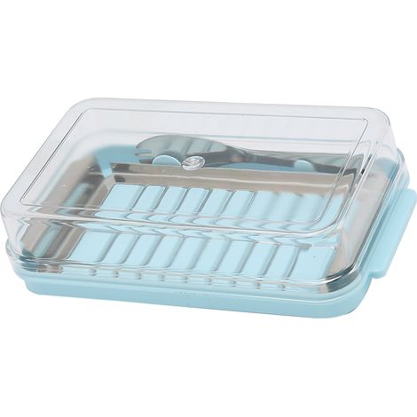 Boîte à beurre en acier inoxydable, récipient de rangement pour fromage avec couvercle transparent pour la cuisine, châssis bleu (1/5)