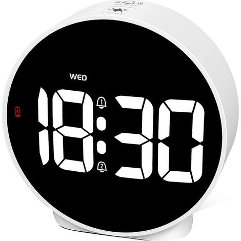Réveil de voyage numérique, réveil de chevet, à piles, alarme à double sonnerie adaptée aux gros dormeurs, blanc. (1/5)