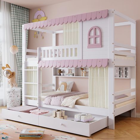 Letto a castello 90x200 cm, Letto per bambini con finestre e tende da gioco, in legno di pino e MDF con 2 cassetti contenitore e mensole, Bianco e Rosa (1/5)