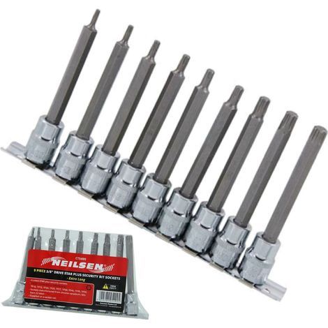Neilsen 9pc Extra Long 6 Sided Star Plus Security Bit Sockets 3/8" Drive Hex Set