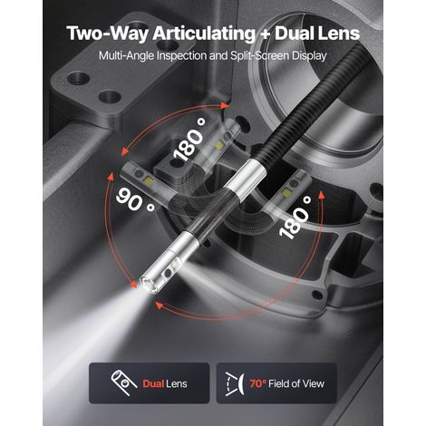 Caméra Endoscopique 180° 2 Voies Endoscope Double Objectif Caméra Inspection pour Canalisation Automobile avec Éclairage, Sonde IP6… (1/5)